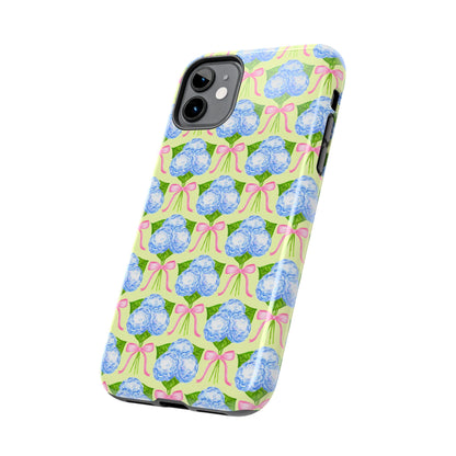 Blue Watercolor Hydrangea Bouquets with Light Pink Bows Watercolor Illustrated Patterned Yellow Tough Phone Case | Various Models