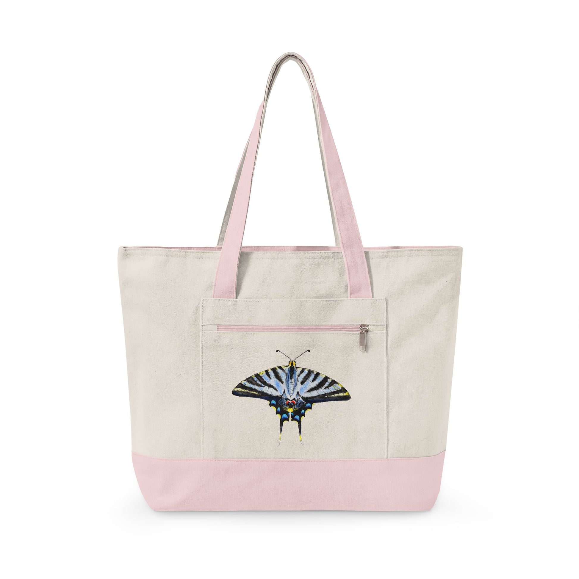 Light Blue Swallowtail Butterfly Watercolor Printed Zippered Canvas Tote 18" x 14" | Various Colors 18" x 14" x 4.5" Natural Light Pink