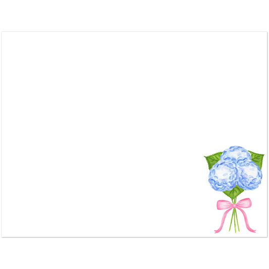 Blue Hydrangeas with a Light Pink Bow Watercolor Illustration | Set of 10 Cards & Envelopes | 2 Sizes 4.25x5.5″ (SM)
