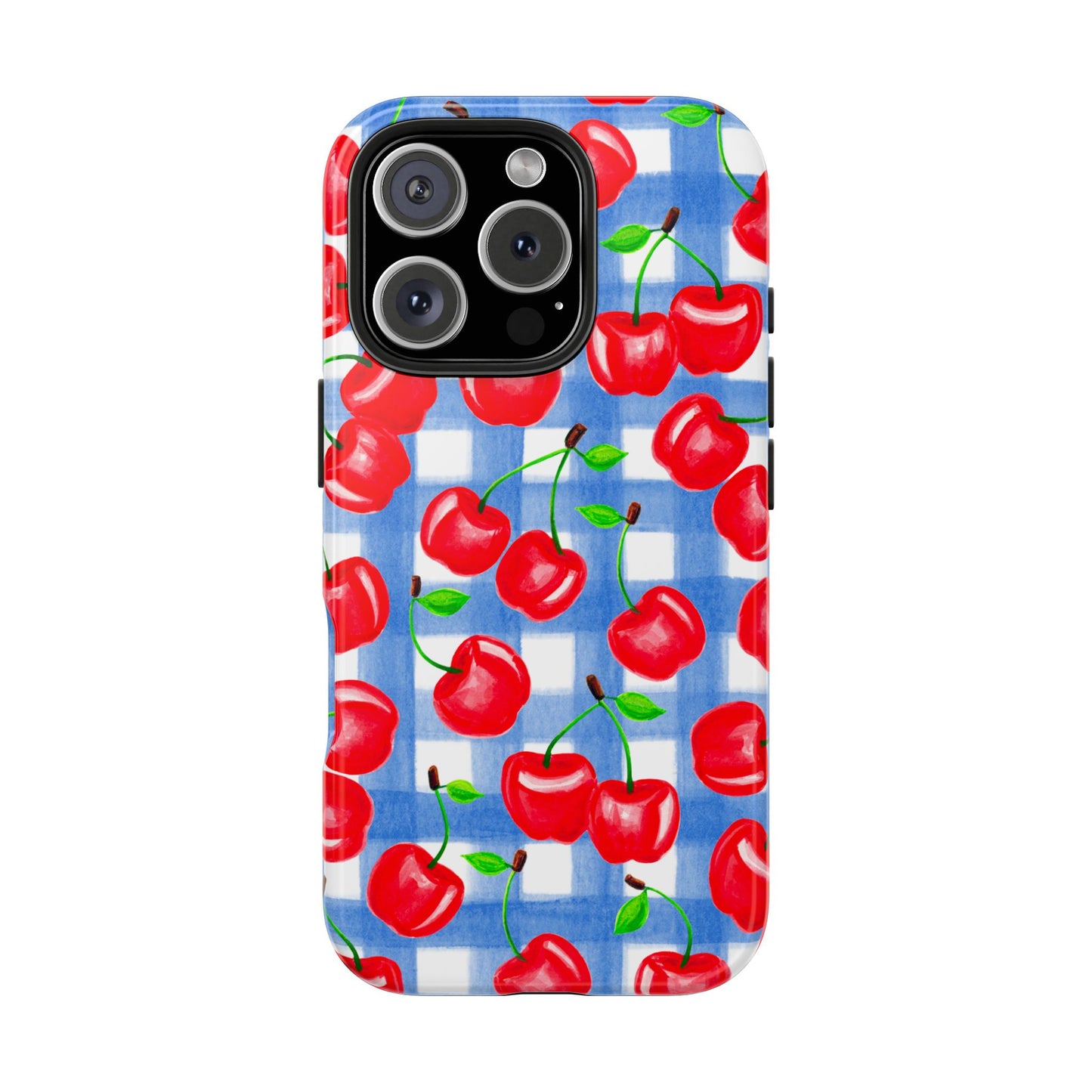 Tossed Red Cherries Blue Gingham Checkered Watercolor Illustrated Tough Phone Case | Various Models