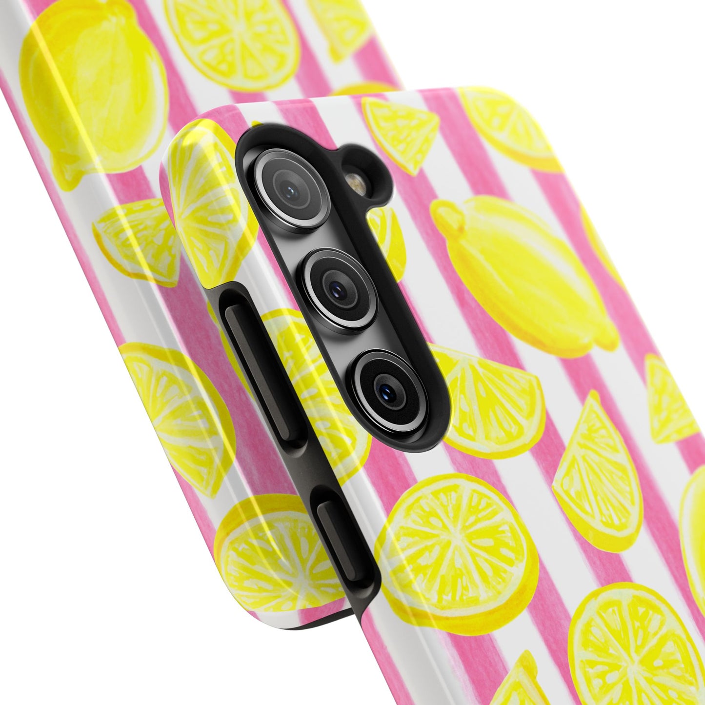 Pink Lemonade Yellow Lemons with Pink & White Watercolor Stripes Tough Phone Case