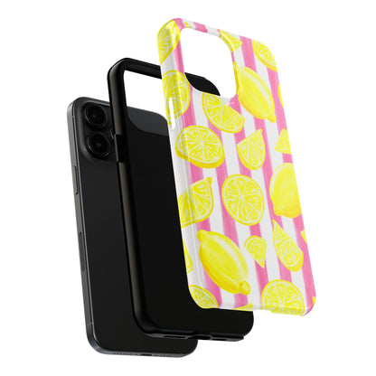 Pink Lemonade Yellow Lemons with Pink & White Watercolor Stripes Tough Phone Case