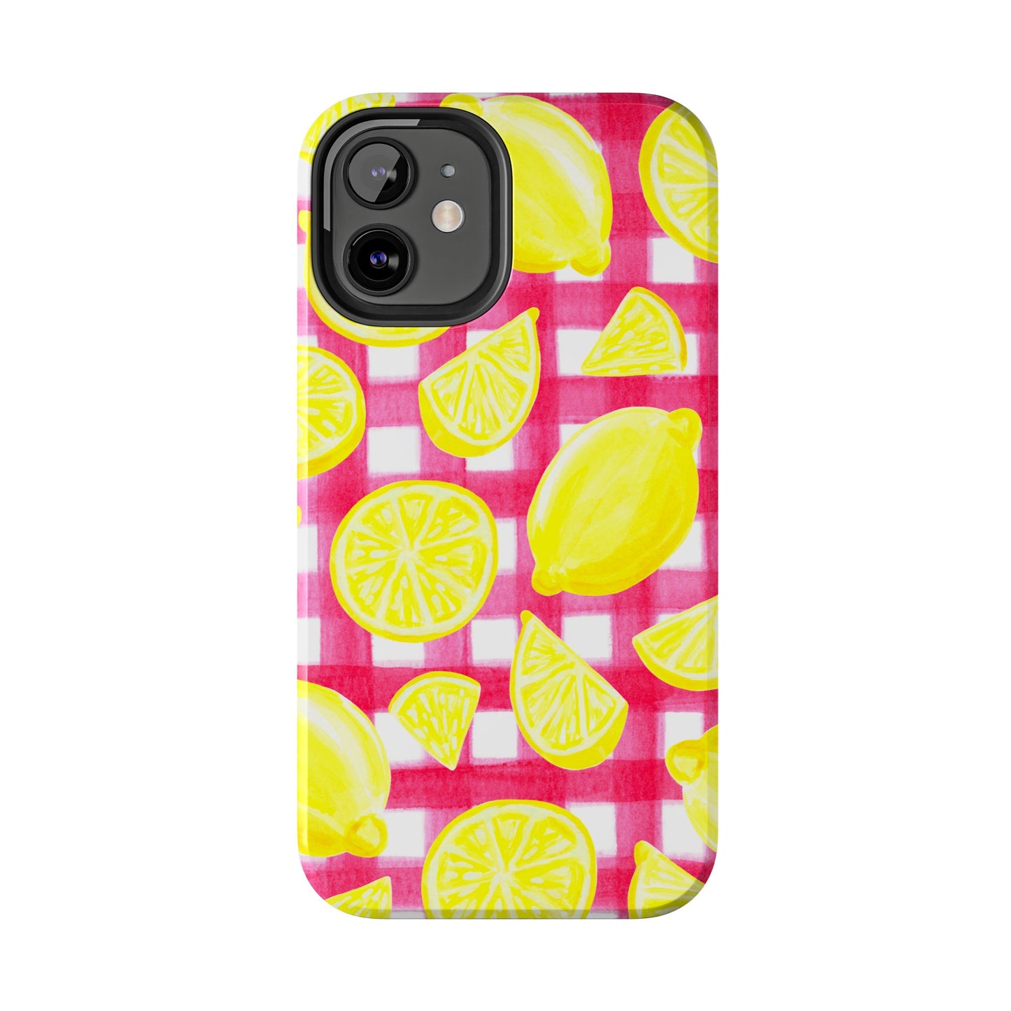 Yellow Lemons & Hot Pink Gingham Watercolor Illustrated Tough Phone Case | Various Models Available