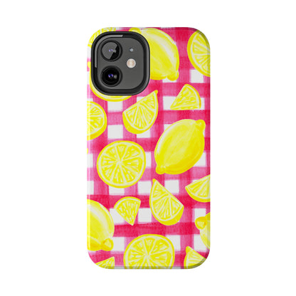 Yellow Lemons & Hot Pink Gingham Watercolor Illustrated Tough Phone Case | Various Models Available
