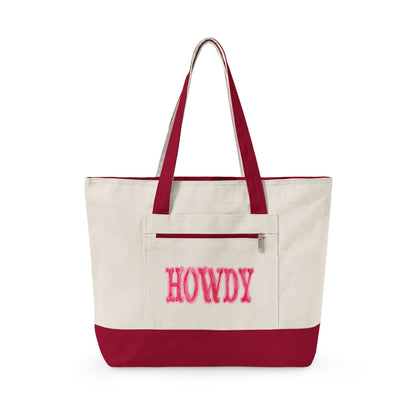 Hot Pink Howdy Watercolor Printed Zippered Canvas Tote 18" x 14" | Various Colors