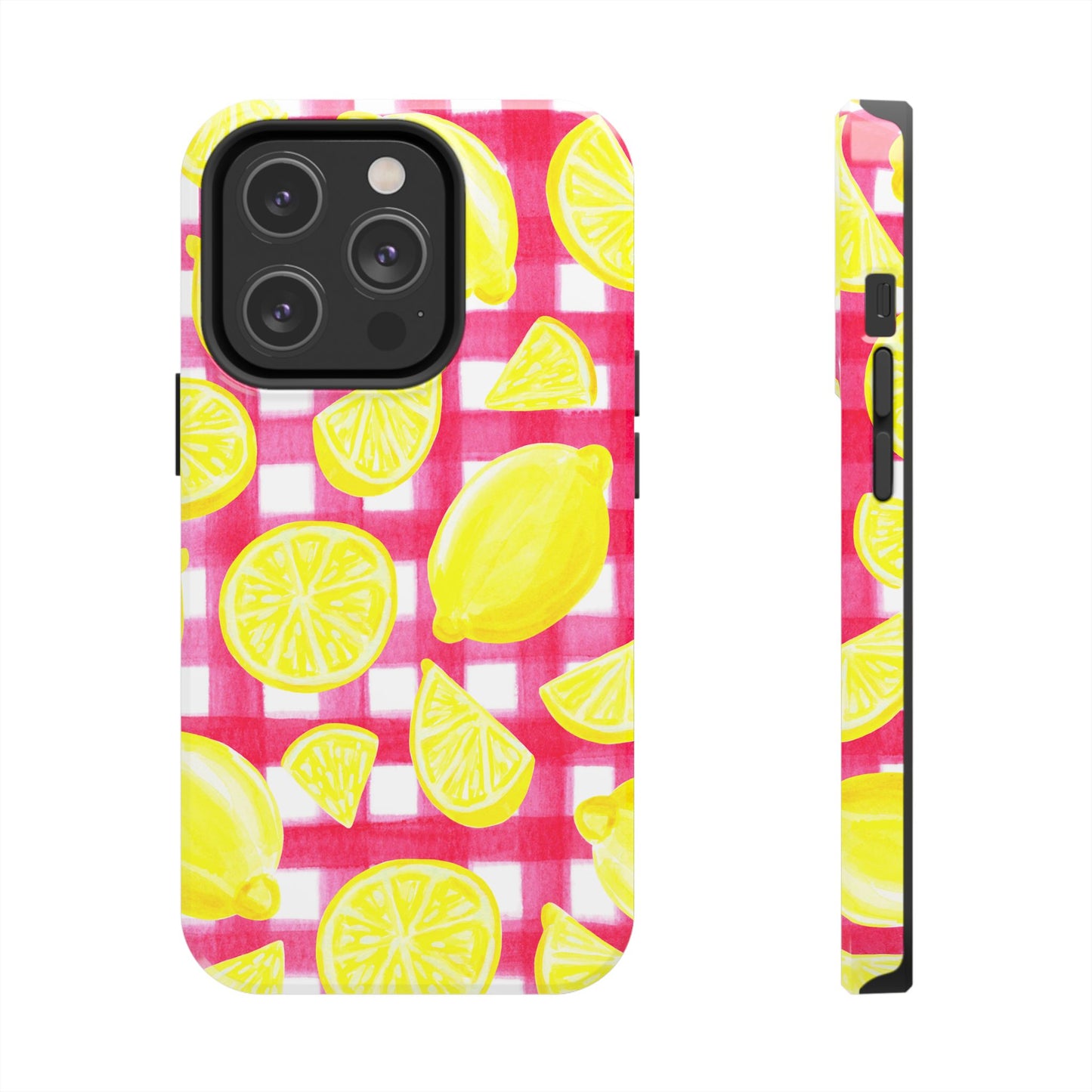 Yellow Lemons & Hot Pink Gingham Watercolor Illustrated Tough Phone Case | Various Models Available