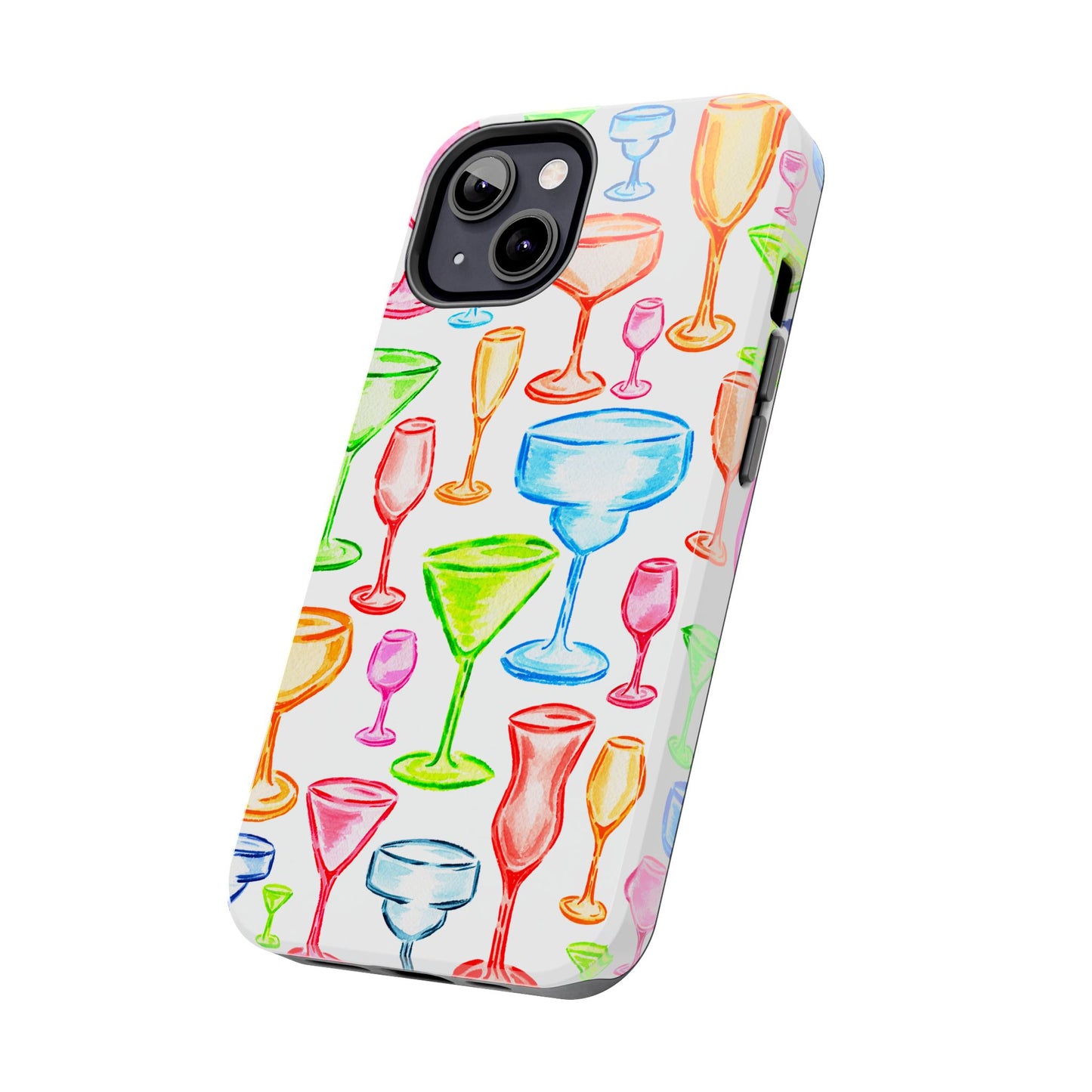 Monochromatic Margarita, Wine, Martini, and Champagne Flute Cocktail Glasses Watercolor Illustrated Tough Phone Case | Various Models Available