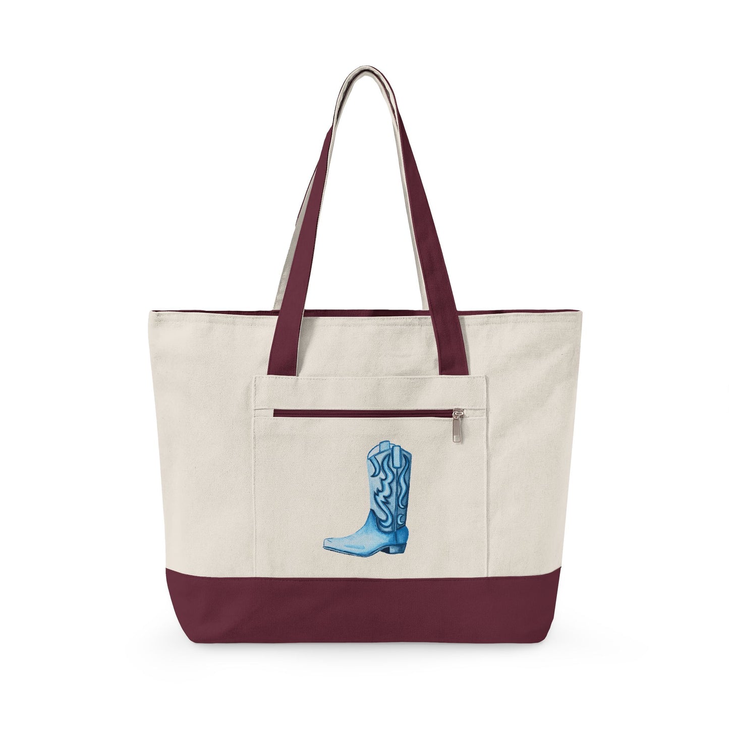 Navy Blue Cowboy Boot Watercolor Printed Zippered Canvas Tote 18" x 14" | Various Colors
