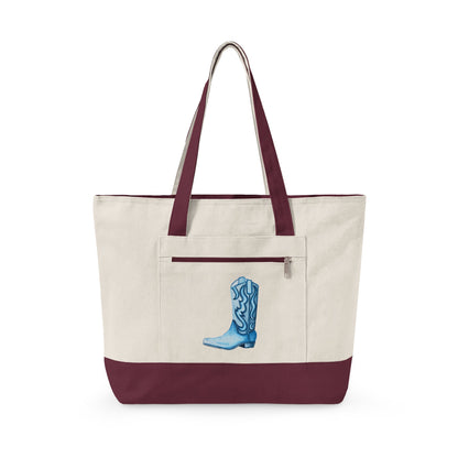 Navy Blue Cowboy Boot Watercolor Printed Zippered Canvas Tote 18" x 14" | Various Colors
