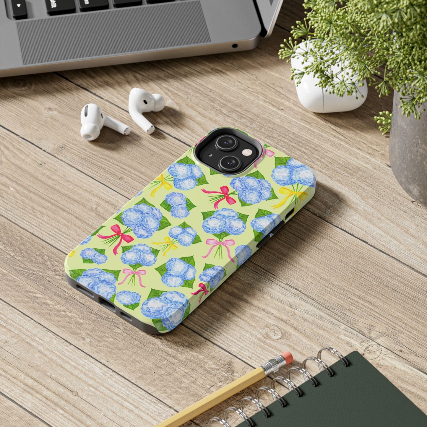 Blue Watercolor Hydrangea Bunches with Hot Pink, Yellow, Light Pink Bows Illustrated Patterned Yellow Tough Phone Case | Various Models