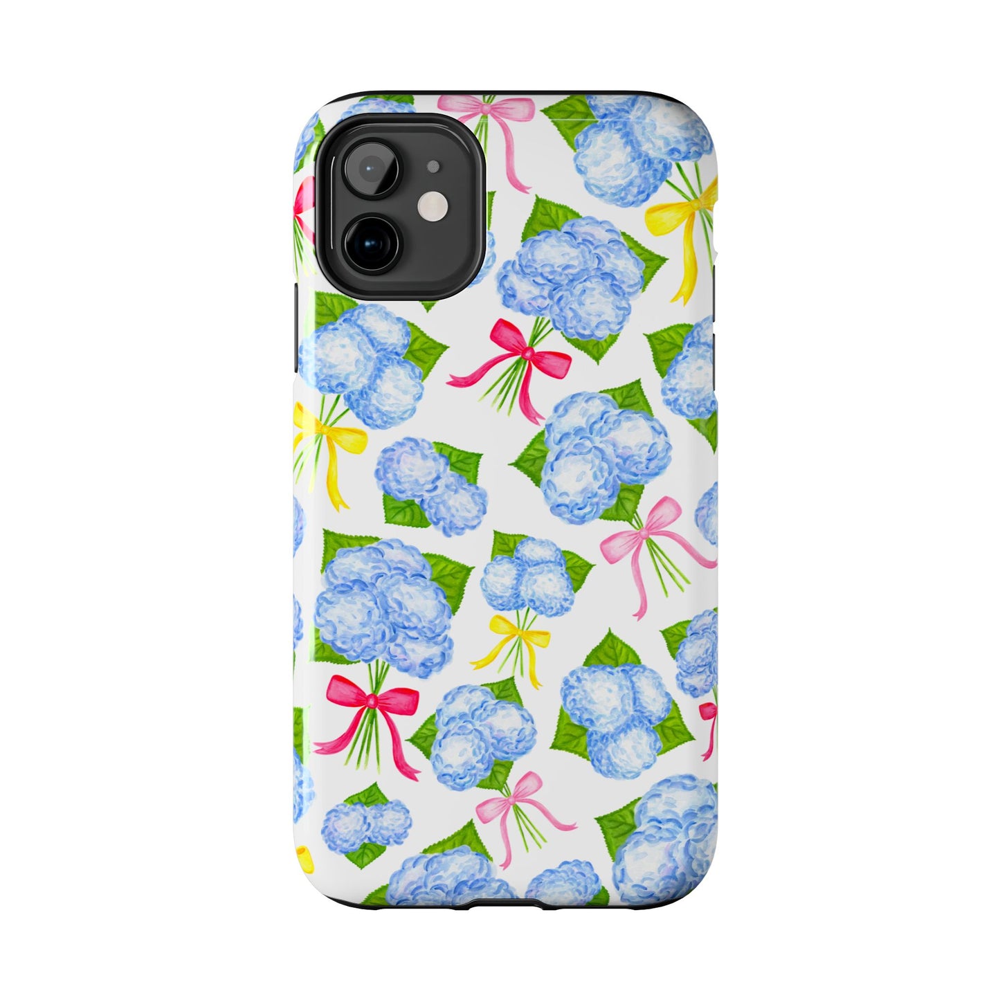 Blue Watercolor Hydrangea Bunches with Hot Pink, Yellow, Light Pink Bows Illustrated Patterned Tough Phone Case | Various Models
