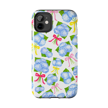 Blue Watercolor Hydrangea Bunches with Hot Pink, Yellow, Light Pink Bows Illustrated Patterned Tough Phone Case | Various Models
