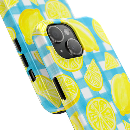 Yellow Lemons & Turquoise Gingham Watercolor Illustrated Tough Phone Case | Various Models Available