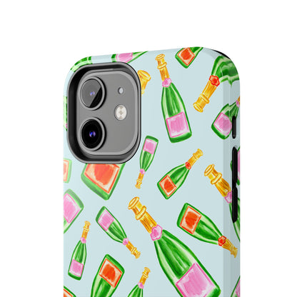 Tossed Pink and Green & Orange and Green Watercolor Illustrated Champagne Bottles Pattern Light Blue Tough Phone Case | Various Models