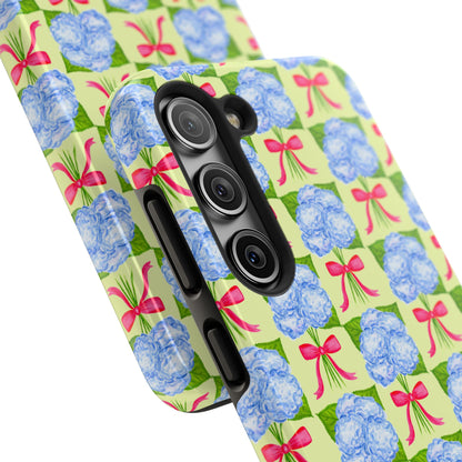 Blue Watercolor Hydrangea Bouquets with Hot Pink Bows Illustrated Patterned Yellow Preppy Grand Millenial Tough Phone Case | Various Models