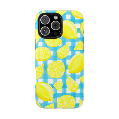 Bright Yellow Lemons Watercolor Illustrated Tossed Pattern Turquoise Gingham Tough Phone Case | Various Models