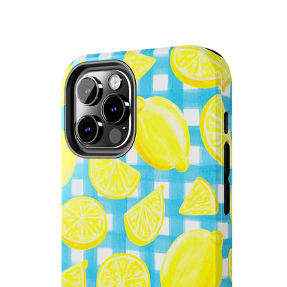 Bright Yellow Lemons Watercolor Illustrated Tossed Pattern Turquoise Gingham Tough Phone Case | Various Models