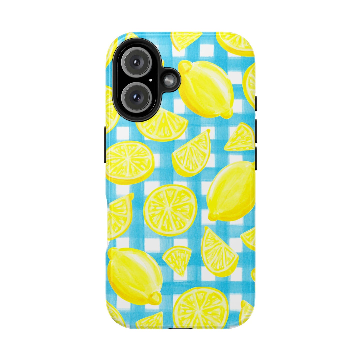Bright Yellow Lemons Watercolor Illustrated Tossed Pattern Turquoise Gingham Tough Phone Case | Various Models