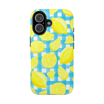 Bright Yellow Lemons Watercolor Illustrated Tossed Pattern Turquoise Gingham Tough Phone Case | Various Models