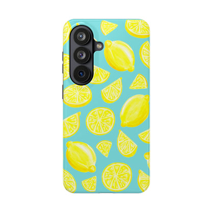 Bright Yellow Lemons Watercolor Illustrated Tossed Pattern Turquoise Blue Tough Phone Case | Various Models