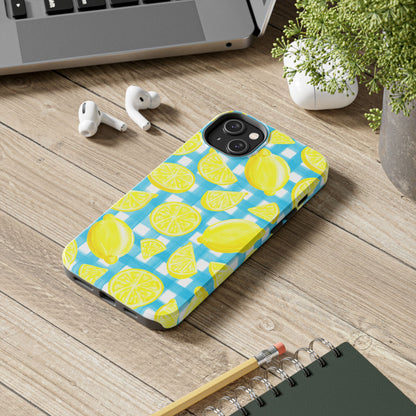 Bright Yellow Lemons Watercolor Illustrated Tossed Pattern Turquoise Gingham Tough Phone Case | Various Models