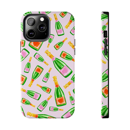 Tossed Pink and Green & Orange and Green Watercolor Illustrated Champagne Bottles Pattern Blush Pink Tough Phone Case | Various Models