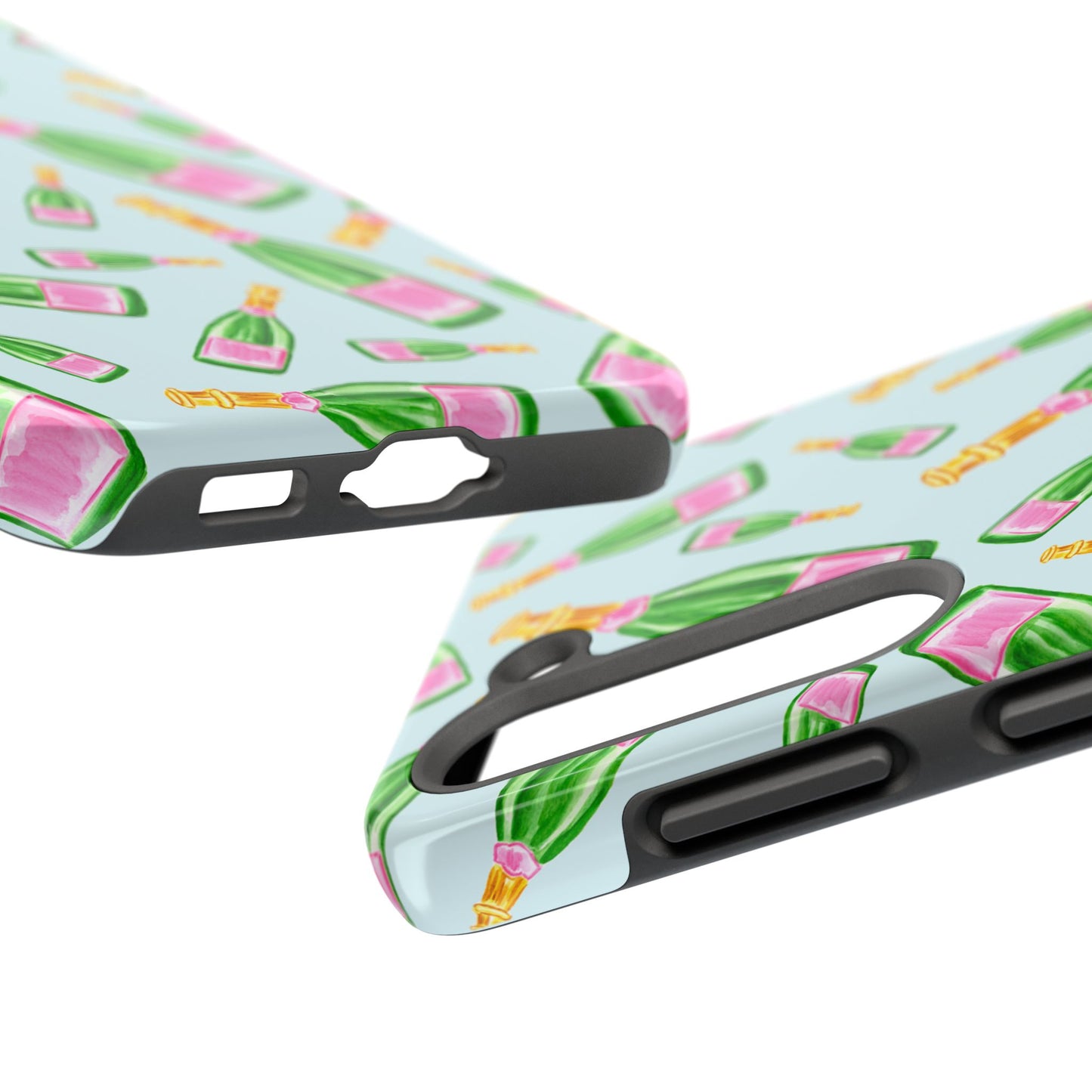 Tossed Pink and Green Watercolor Illustrated Champagne Bottles Pattern Light Blue Tough Phone Case | Various Models