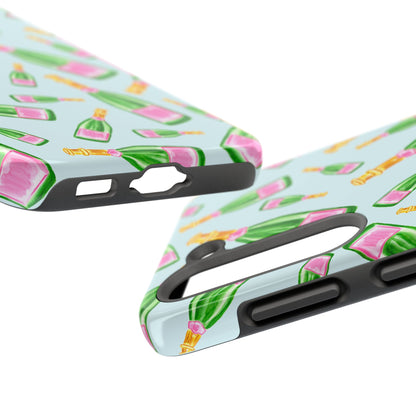 Tossed Pink and Green Watercolor Illustrated Champagne Bottles Pattern Light Blue Tough Phone Case | Various Models