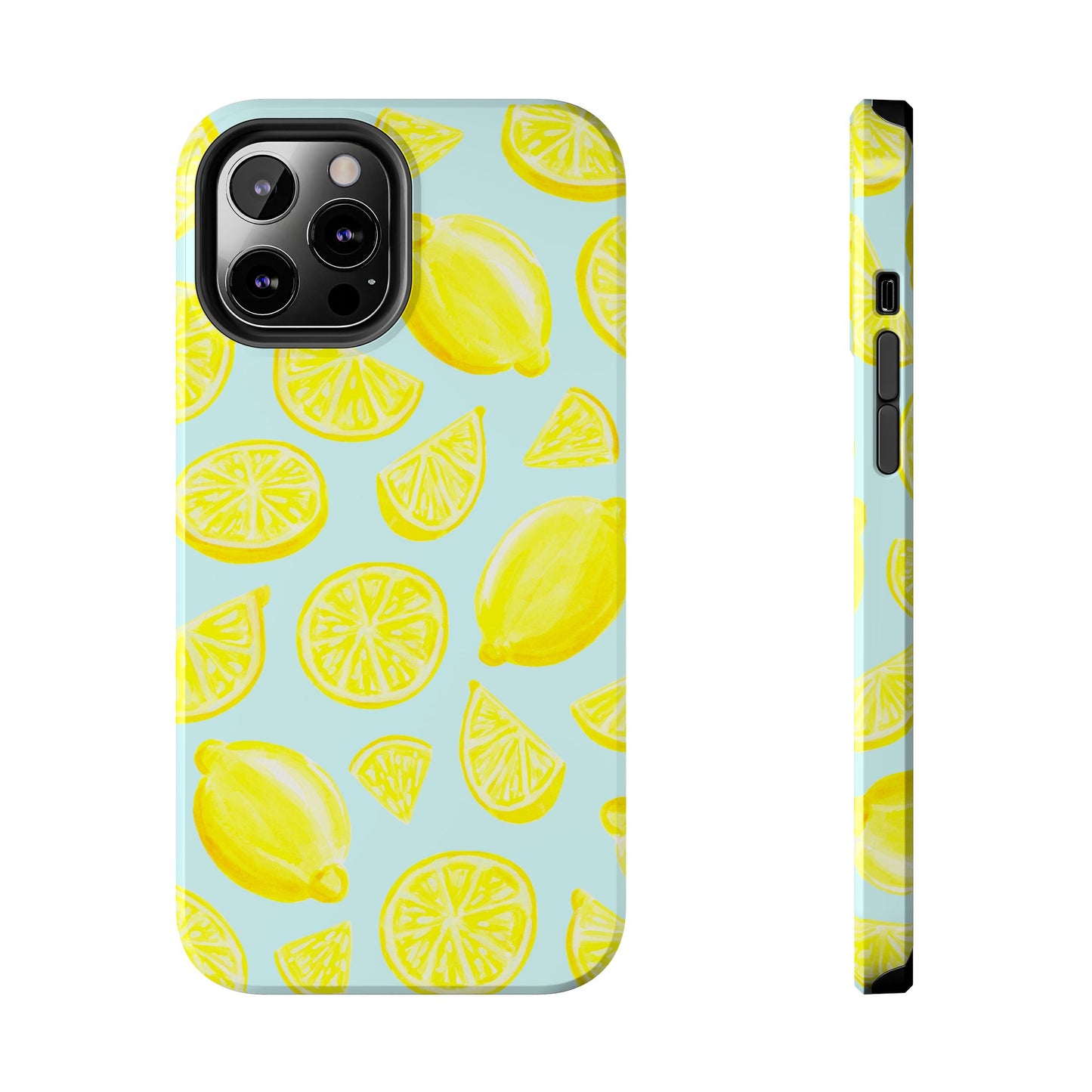 Bright Yellow Lemons Watercolor Illustrated Tossed Pattern Light Blue Tough Phone Case | Various Models
