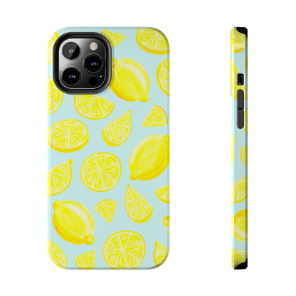 Bright Yellow Lemons Watercolor Illustrated Tossed Pattern Light Blue Tough Phone Case | Various Models