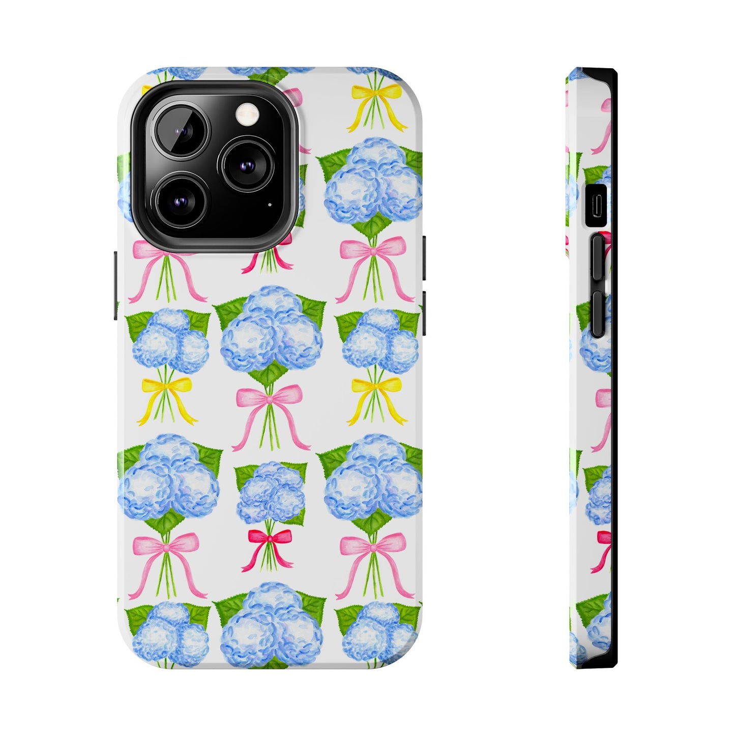 Blue Hydrangeas with Hot Pink, Yellow, Light Pink Bows Watercolor Illustrated Patterned Tough Phone Case | Various Models