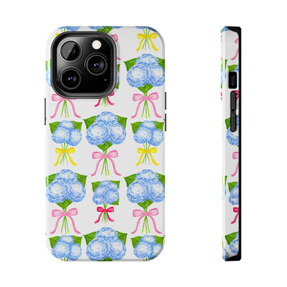 Blue Hydrangeas with Hot Pink, Yellow, Light Pink Bows Watercolor Illustrated Patterned Tough Phone Case | Various Models
