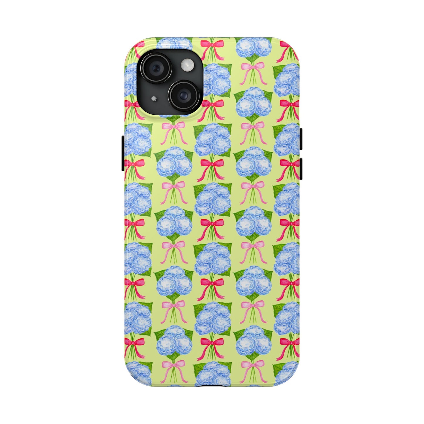 Watercolor Blue Hydrangea Bouquets with Hot Pink and Light Pink Bow Ribbons Illustrated Pattern Yellow Tough Phone Case | Various Models