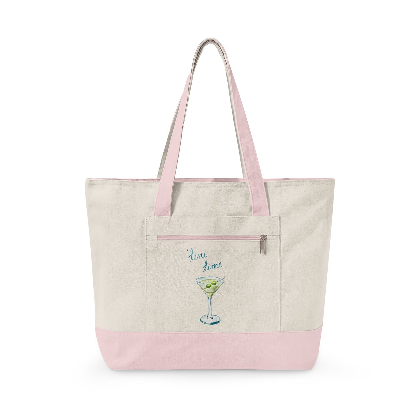 "'Tini Time" Blue Green Watercolor Martini Printed Zippered Canvas Tote 18" x 14" | Various Colors 18" x 14" x 4.5" Natural Light Pink