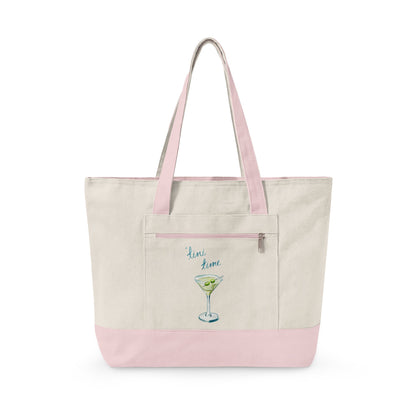 "'Tini Time" Blue Green Watercolor Martini Printed Zippered Canvas Tote 18" x 14" | Various Colors 18" x 14" x 4.5" Natural Light Pink