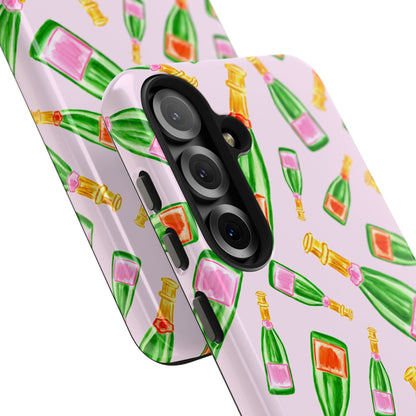 Tossed Pink and Green & Orange and Green Watercolor Illustrated Champagne Bottles Pattern Blush Pink Tough Phone Case | Various Models