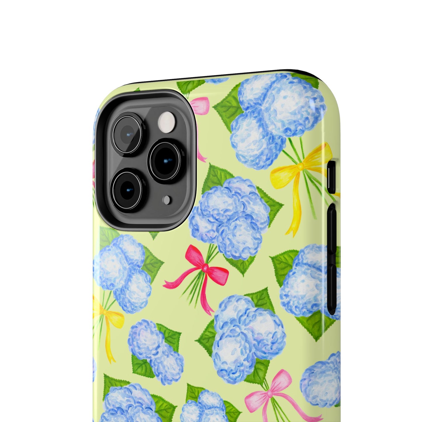 Blue Watercolor Hydrangea Bunches with Hot Pink, Yellow, Light Pink Bows Illustrated Patterned Yellow Tough Phone Case | Various Models