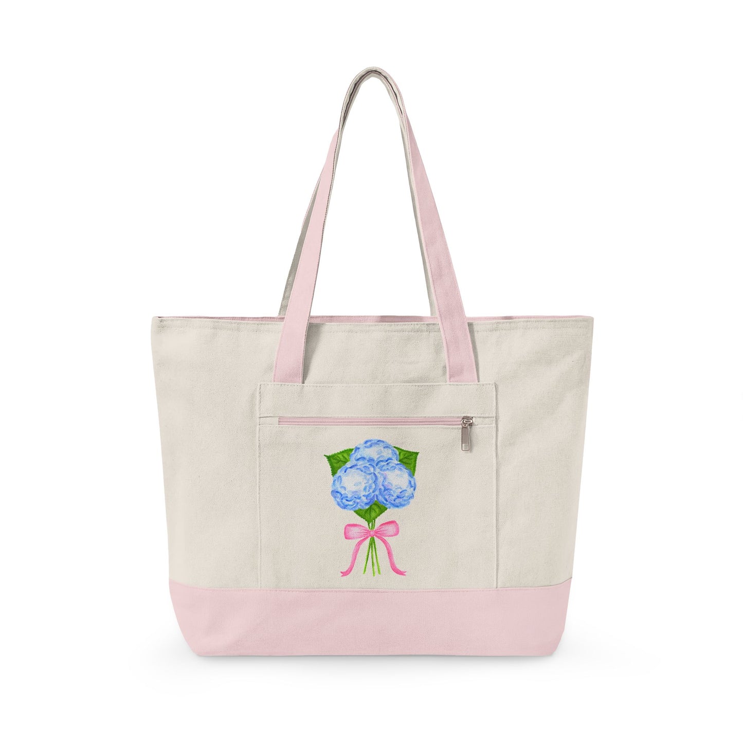 Blue Watercolor Hydrangeas with Light Pink Bow Illustration Printed Zippered Canvas Tote 18" x 14" | Various Colors