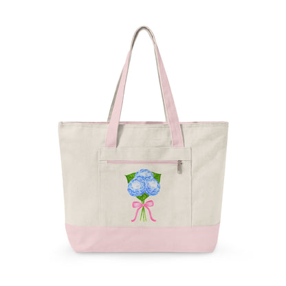 Blue Watercolor Hydrangeas with Light Pink Bow Illustration Printed Zippered Canvas Tote 18" x 14" | Various Colors