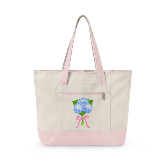 Blue Watercolor Hydrangeas with Light Pink Bow Illustration Printed Zippered Canvas Tote 18" x 14" | Various Colors