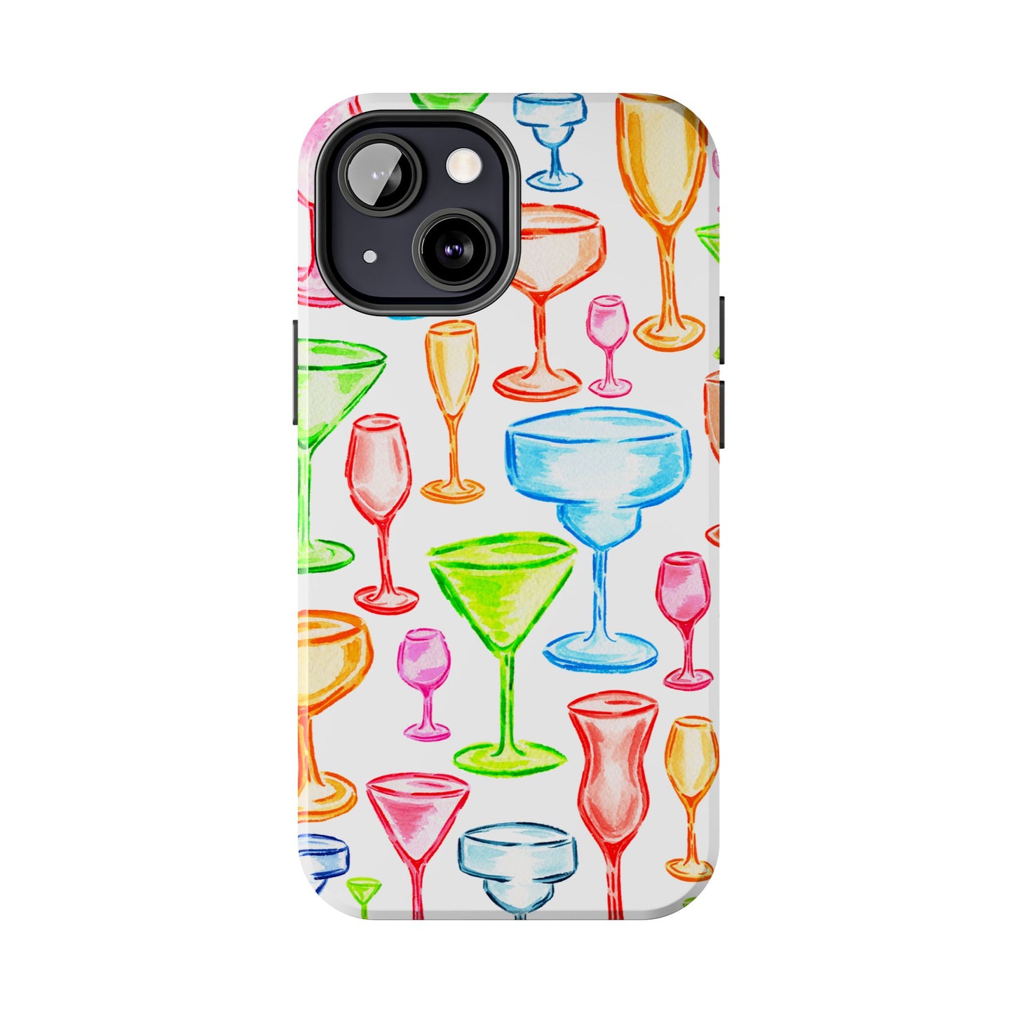 Monochromatic Margarita, Wine, Martini, and Champagne Flute Cocktail Glasses Watercolor Illustrated Tough Phone Case | Various Models Available