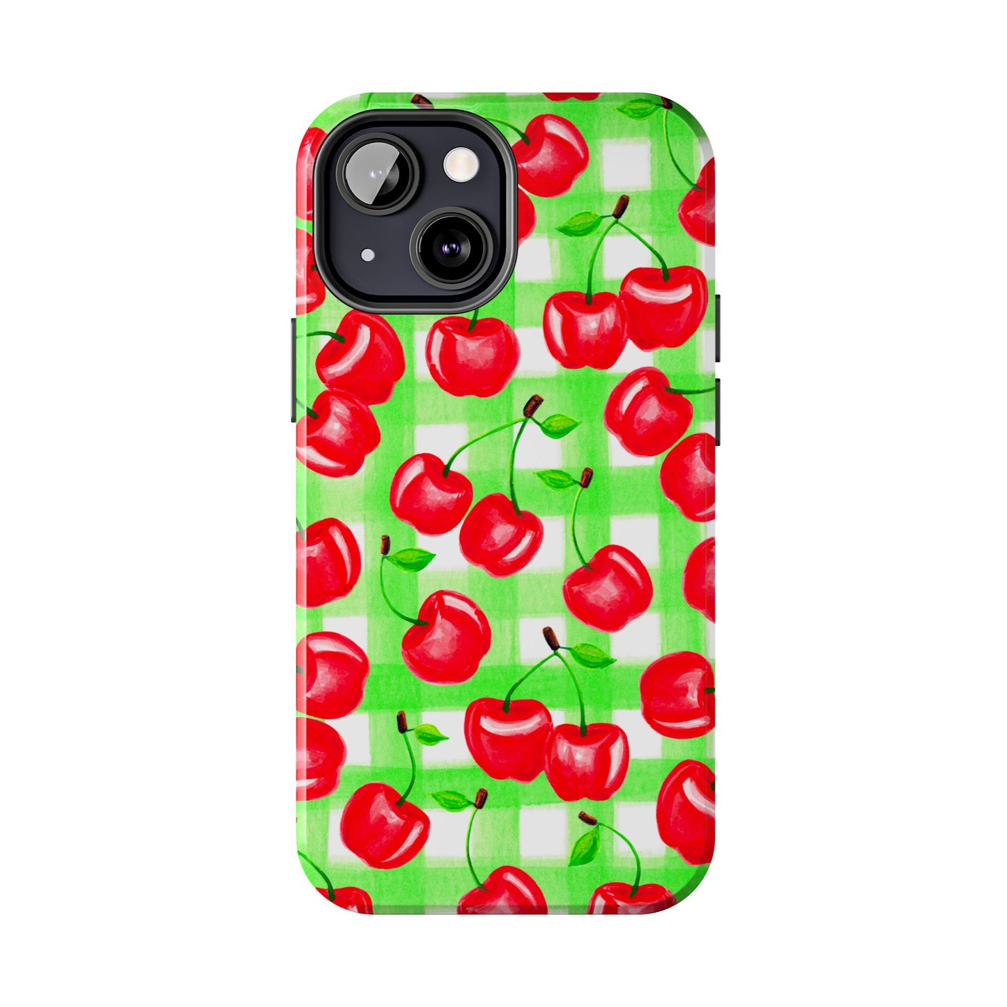 Red Tossed Cherries Green Gingham Watercolor Illustrated Tough Phone Case | Various Models Available