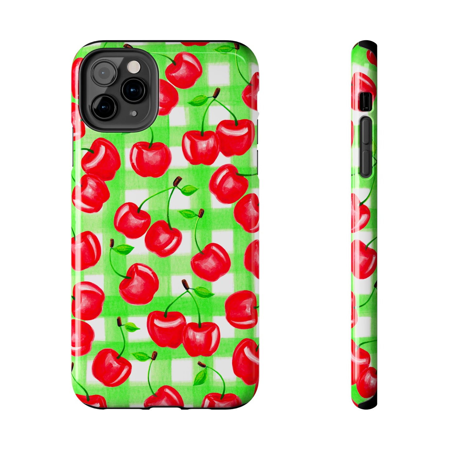 Red Tossed Cherries Green Gingham Watercolor Illustrated Tough Phone Case | Various Models Available