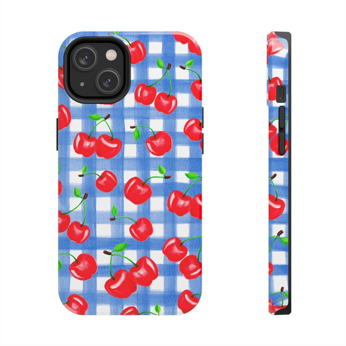 Tossed Red Watercolor Illustrated Cherries Light Blue Gingham Tough Phone Case | Various Models