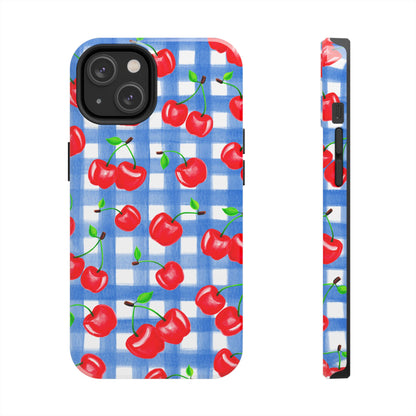 Tossed Red Watercolor Illustrated Cherries Light Blue Gingham Tough Phone Case | Various Models