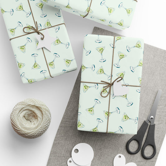 Gift Wrap | Mini Mint Green Watercolor Martini Tossed Pattern | Matte or Glossy | Festive Birthday Bachelorette Cocktail Gift Wrap