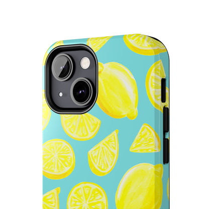 Bright Yellow Lemons Watercolor Illustrated Tossed Pattern Turquoise Blue Tough Phone Case | Various Models