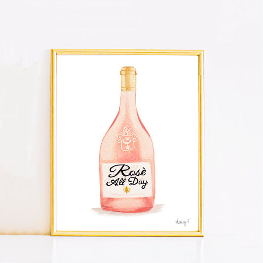 Print | Rosè All Day | Rosè Wine Bottle Watercolor Painting | Cocktail Decor | Bar Cart Art | Various Sizes