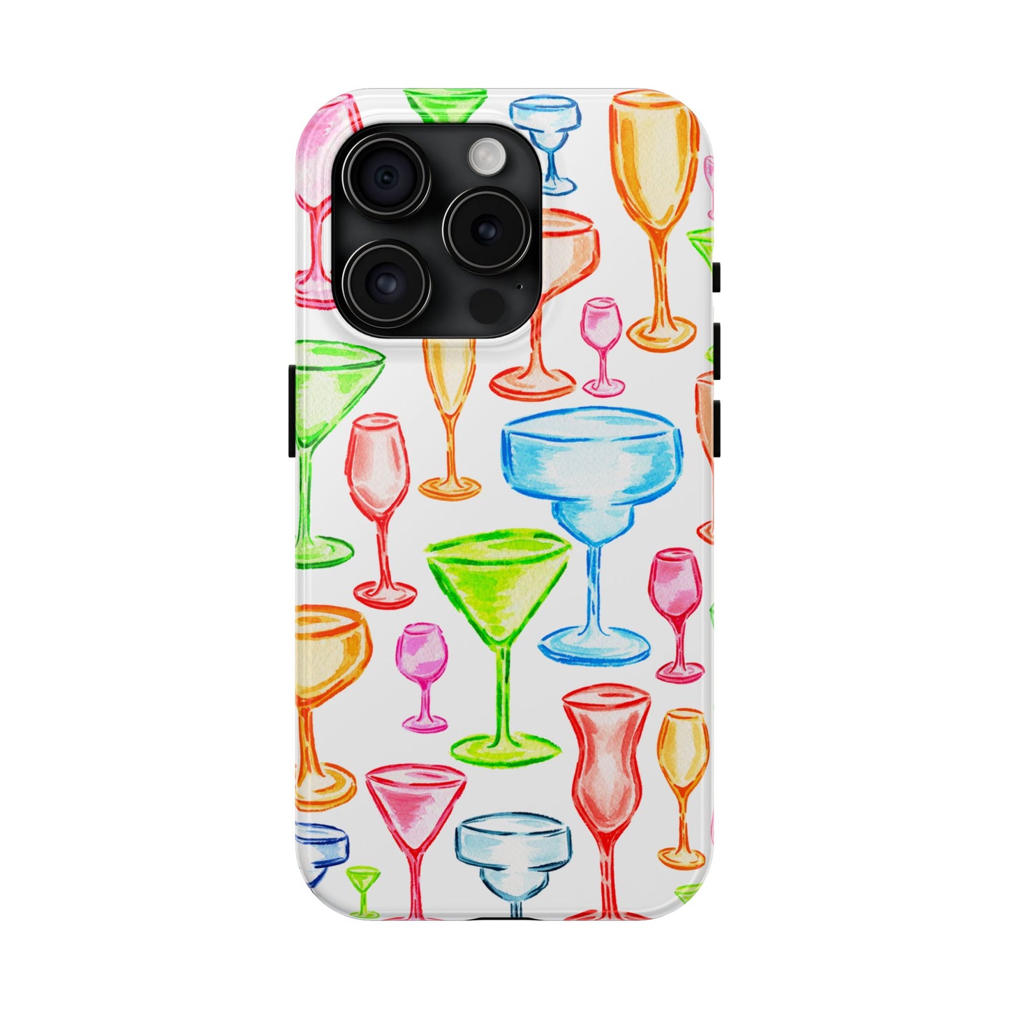 Monochromatic Margarita, Wine, Martini, and Champagne Flute Cocktail Glasses Watercolor Illustrated Tough Phone Case | Various Models Available