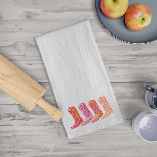 Tea Towel | Row of Hot Pink and Orange Cowboy Boots Watercolor Illustration | Whimsical Colorful Boho Cute Kitchen Decor | Cowgirl Gifts
